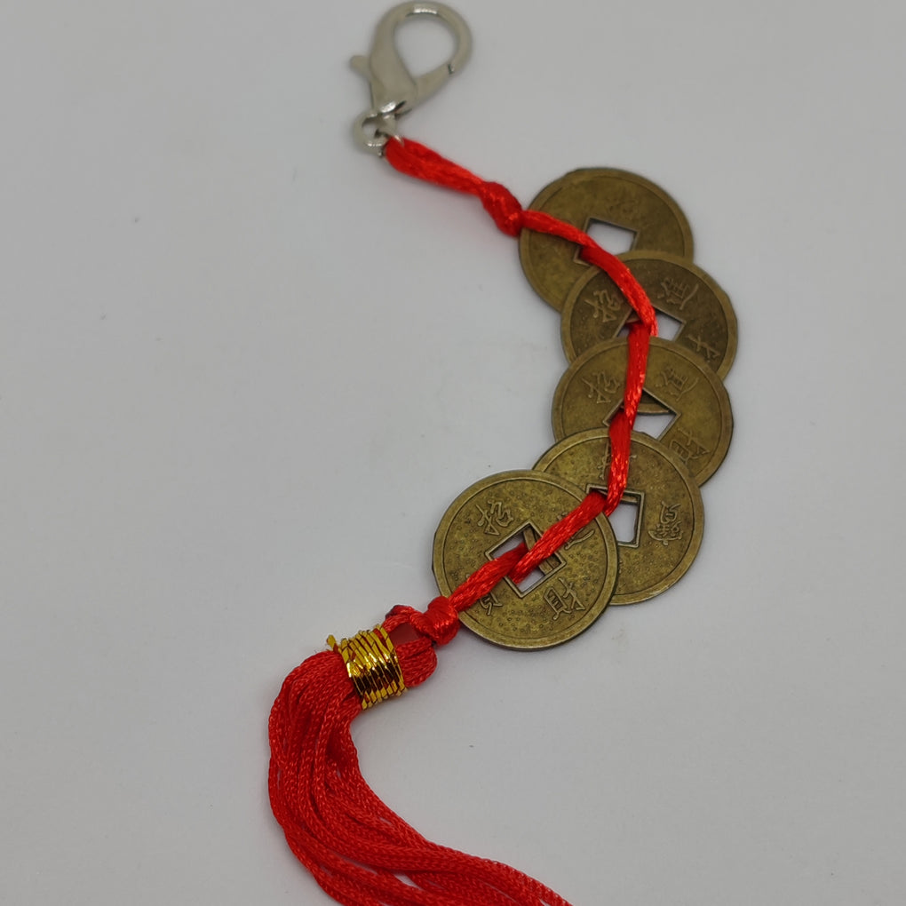 Five Chinese Coins with Red Chord