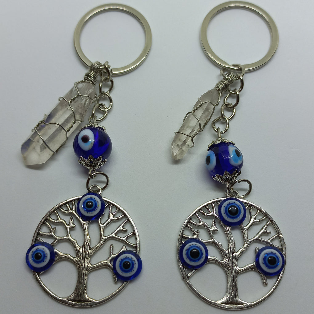 Quartz Point Keyring with Evil Eye and Tree of Life