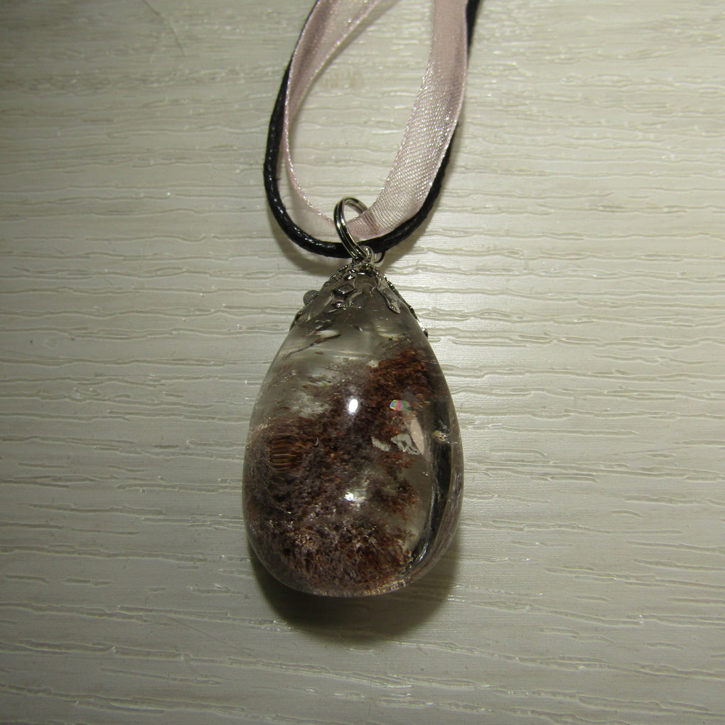 Chlorite Quartz Crystal teardrop Pendant on Ribbon necklace