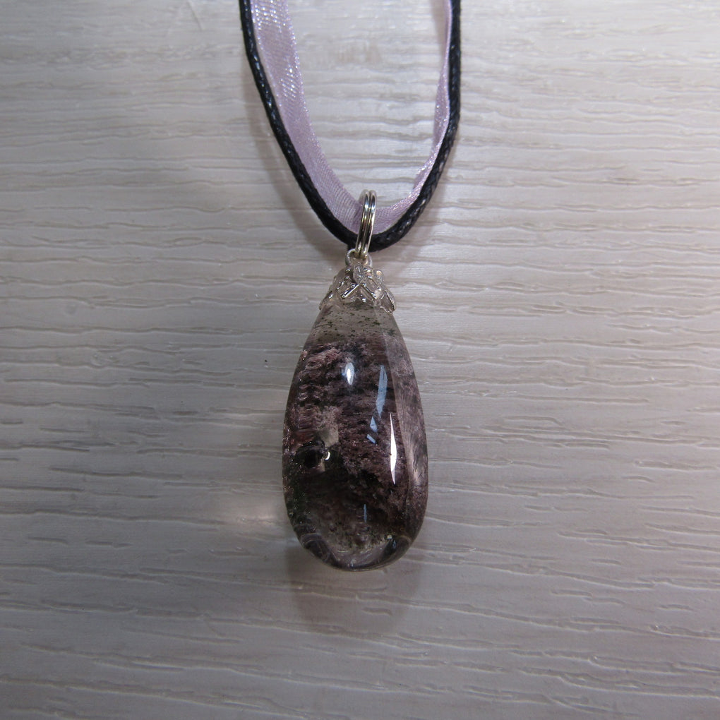 Chlorite Quartz Crystal teardrop Pendant on Ribbon necklace
